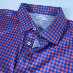 Collars & Co. Polo Shirt Mens XL Blue Gingham Check Stretch Short Sleeve